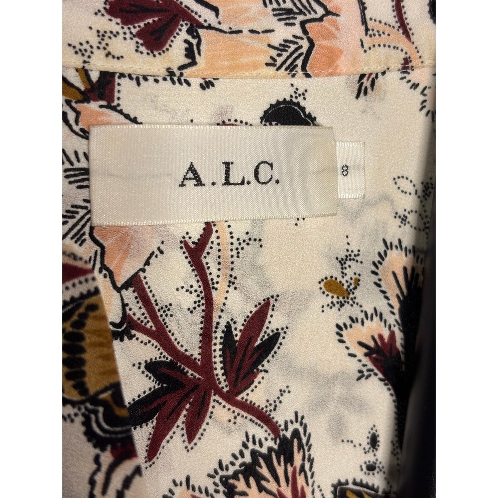 A.L.C. | Silk Floral Smocked Waist Mini Dress Cream Burgundy Gold | Size 8 - Picture 6 of 6